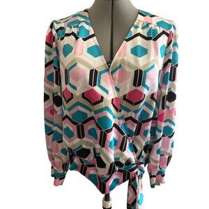 I.N.C. International Concepts Womens Geometric Print Blouse PL Pink/Teal